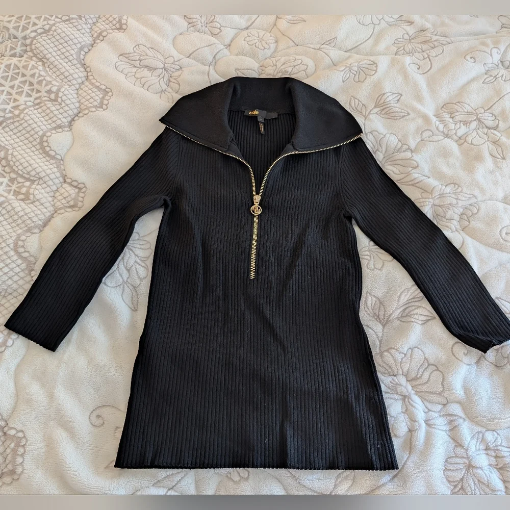[Maje] Moseta Black Ribbed Knit Half Zip Gold Hardware 3/4 Sleeve Sz 36 Small - Picture 4 of 7